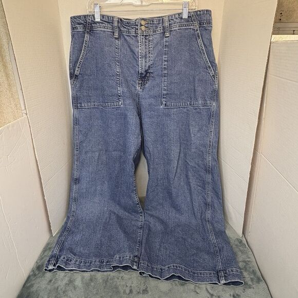 GAP Denim - Gap High Rise Wide Leg Crop Jeans Womens 18/34R Blue Dark Wash Stretch Denim